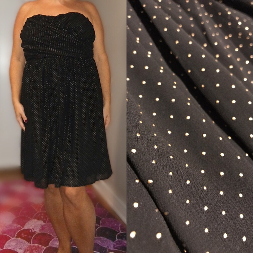 Black cocktail dress with gold dots